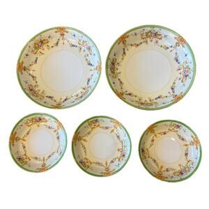 Vintage Floral China Soup Dessert Bowls Green Border Set of 5 Japan Love Shack